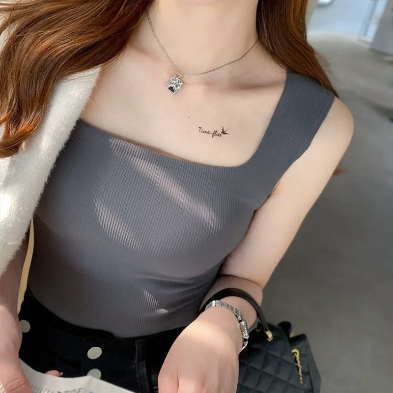 Everyday Wear Ice Silk Wide Shoulder Top-Gray