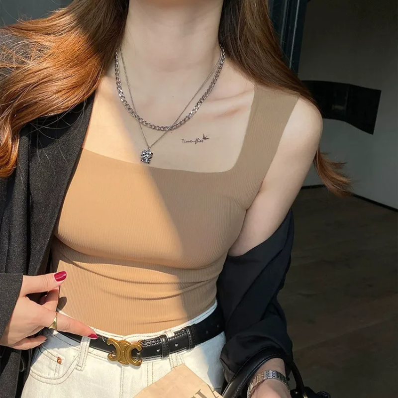 Everyday Wear Ice Silk Wide Shoulder Top -Khaki