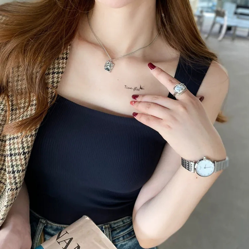 Everyday Wear Ice Silk Wide Shoulder Top- Black